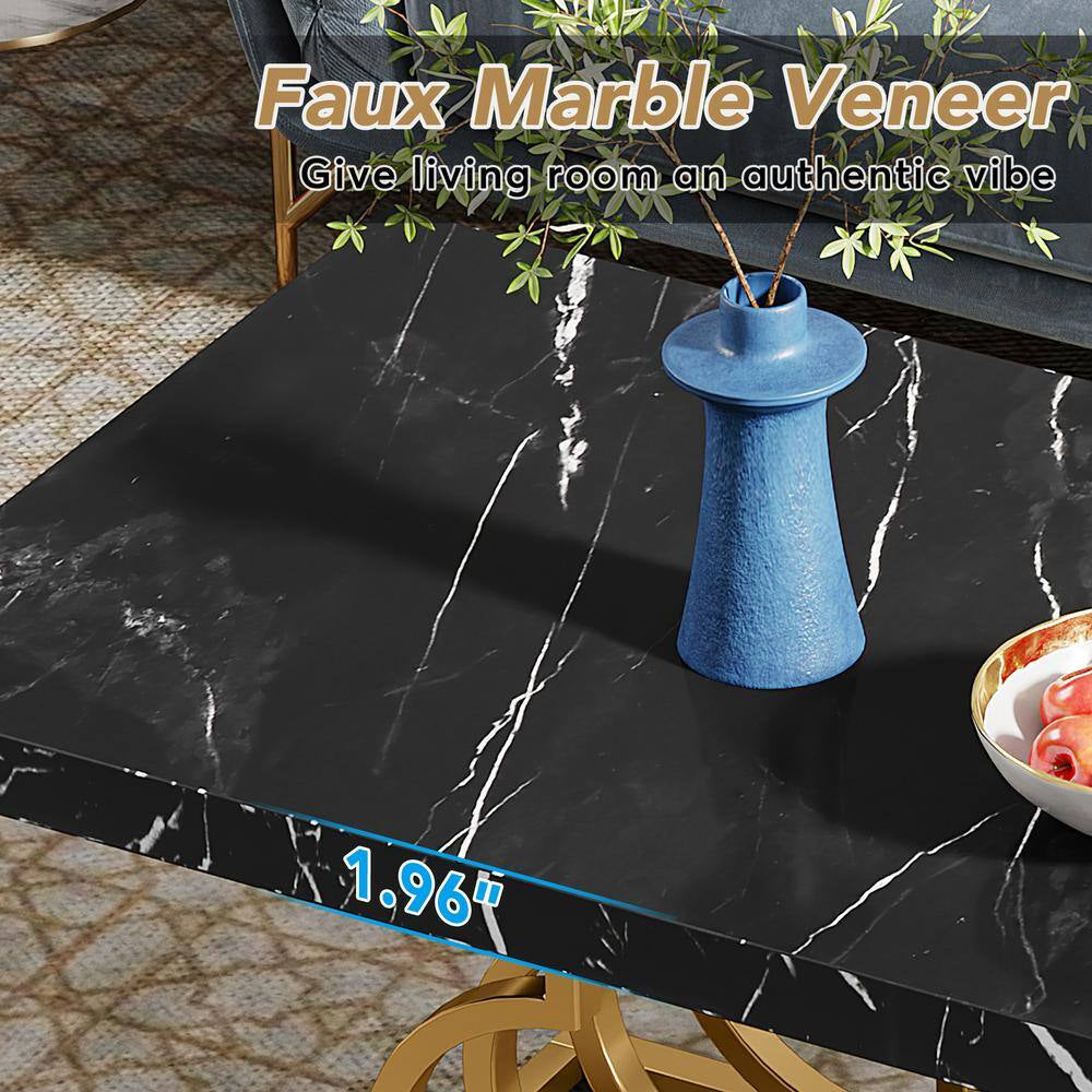 Kerlin 47 In. Black Rectangle Wood Coffee Table with Geometric Frame, Faux Marble Cocktail Table Center Table