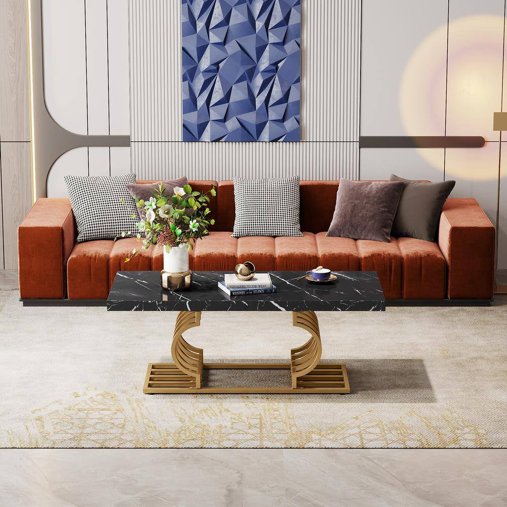 Kerlin 47 In. Black Rectangle Wood Coffee Table with Geometric Frame, Faux Marble Cocktail Table Center Table