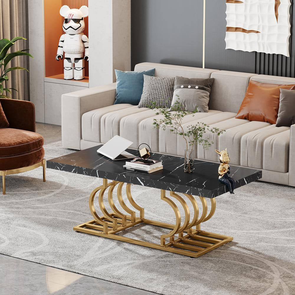 Kerlin 47 In. Black Rectangle Wood Coffee Table with Geometric Frame, Faux Marble Cocktail Table Center Table