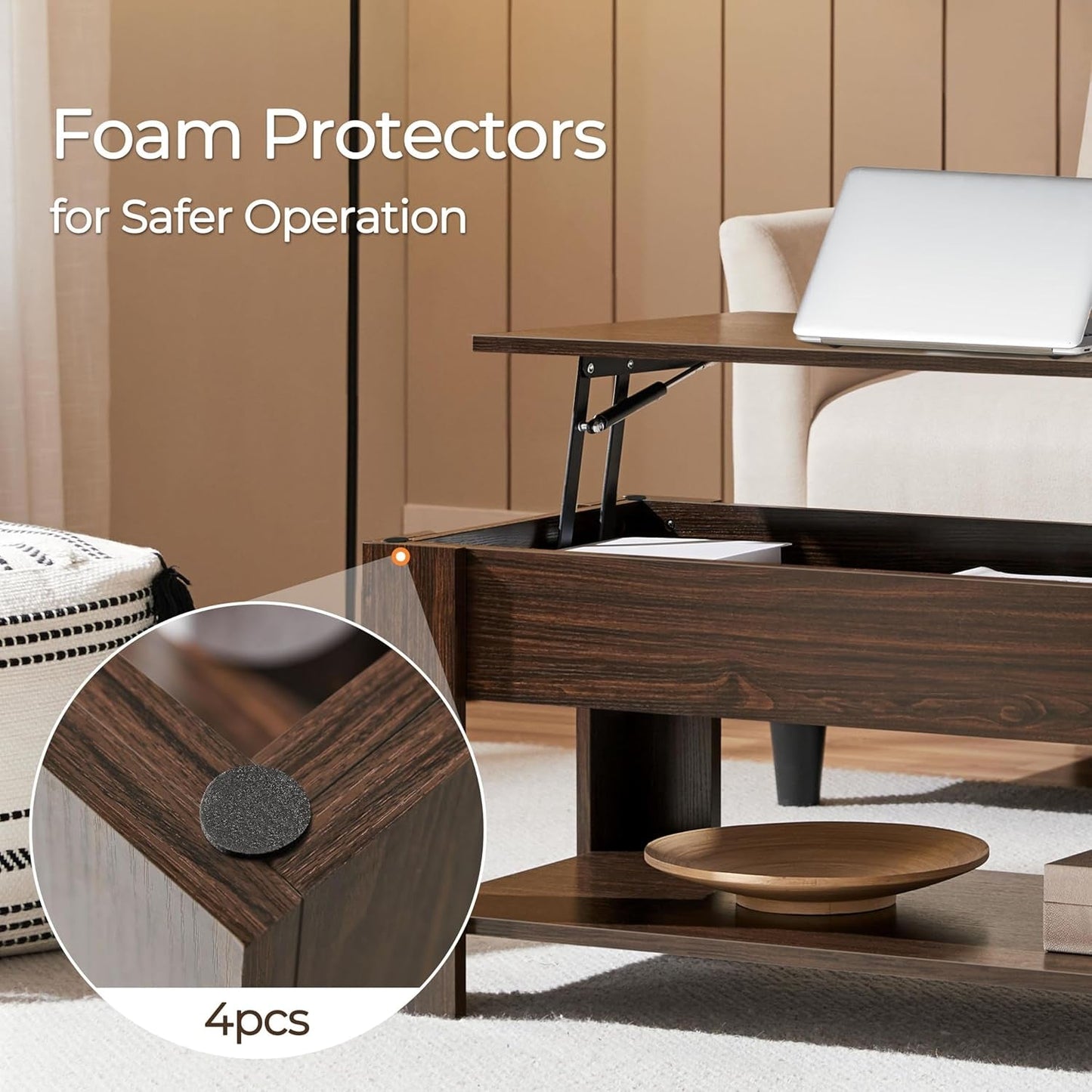 Espresso Lift Top Coffee Table With Hidden Compartment