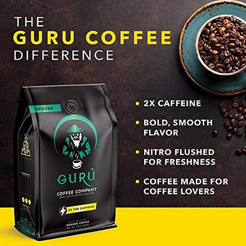 Guru Coffee Company High Caffeine Medium Roast Ground Coffee, Natural Energy from Premium Gourmet Specialty Grade Beans, 11 Ounce