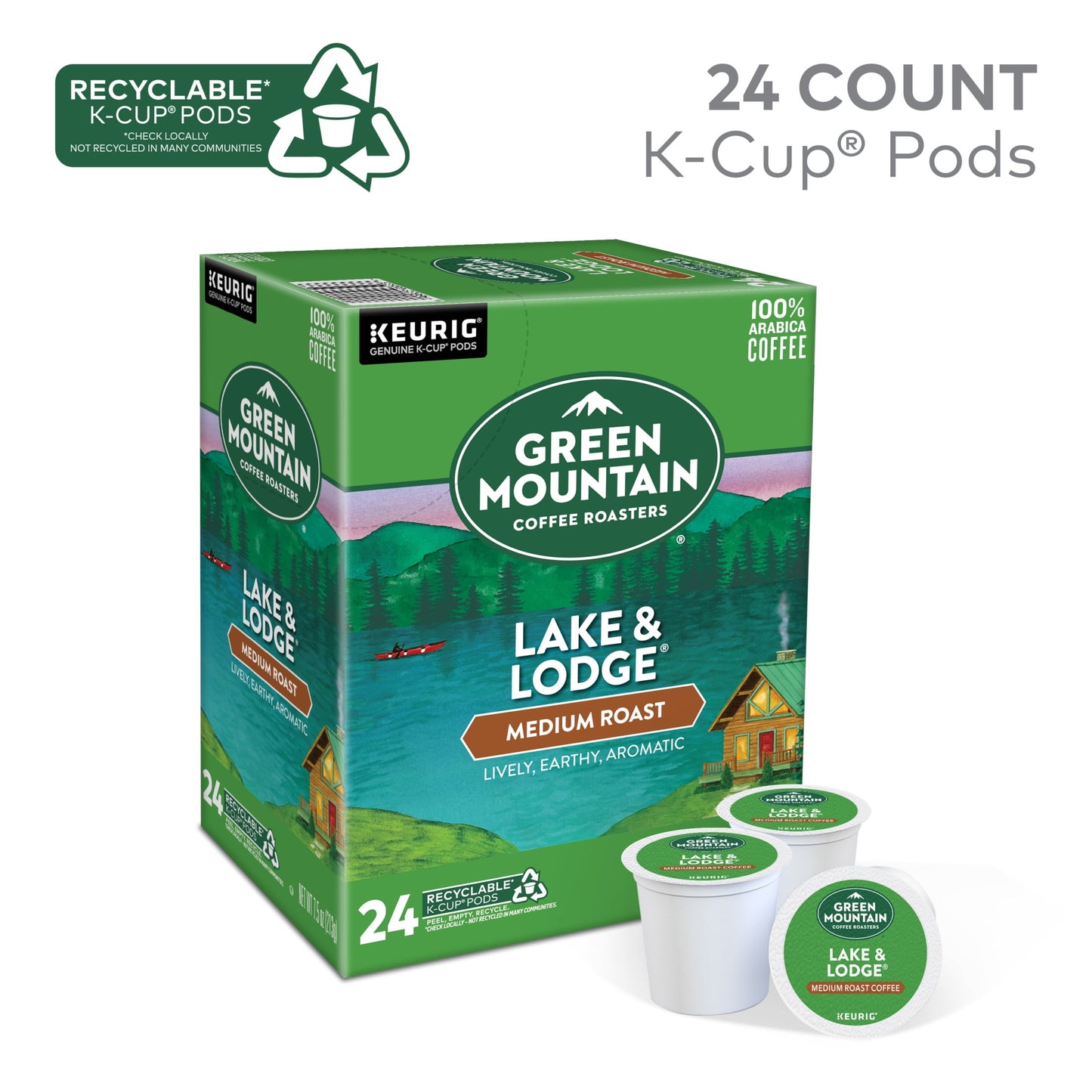 Green Mountain Coffee Lake & Lodge K-Cup Pods, Medium Roast, 24 Count for Brewers