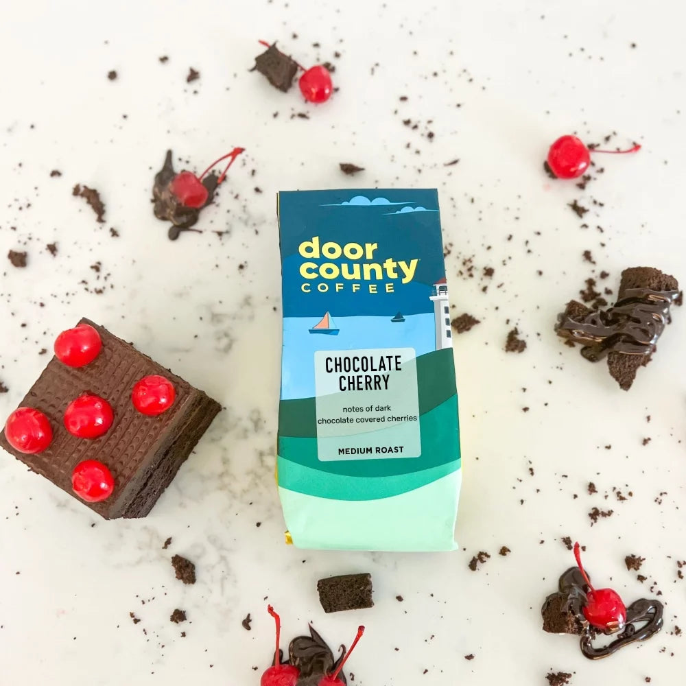 Door County Coffee Chocolate Cherry Decaf, Chocolate & Cherry Flavored Specialty Coffee, Decaf Medium Roast, Ground, 10Oz Bag