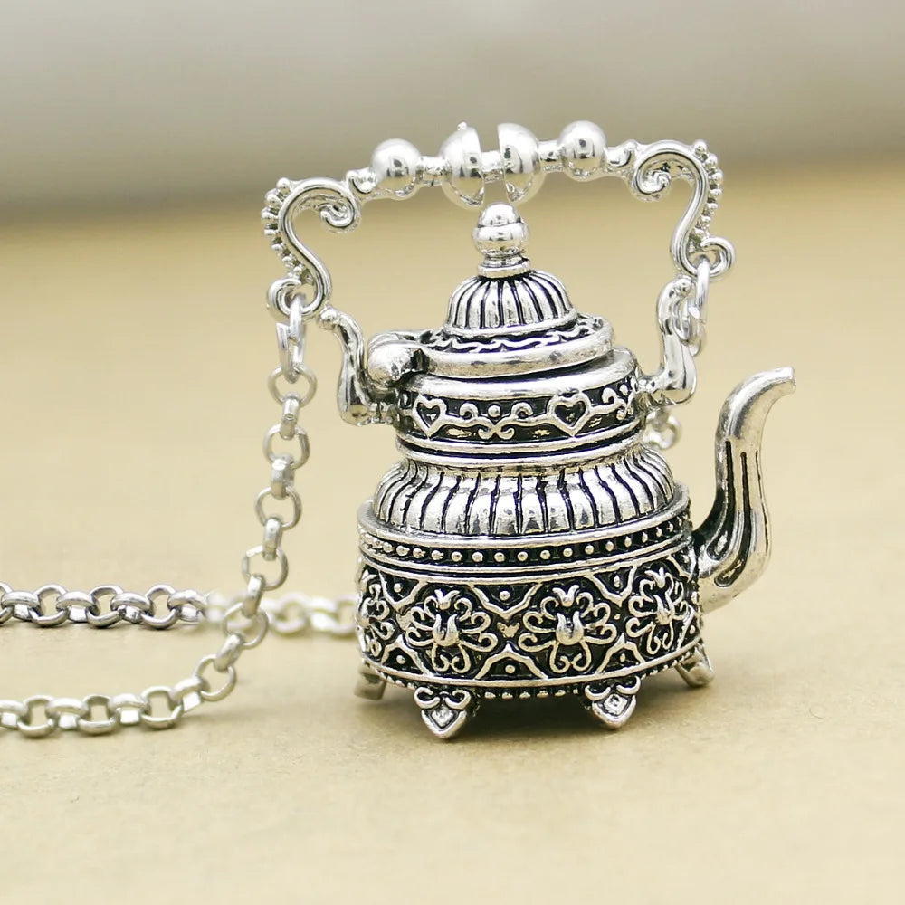 Vintage Silver Plated Victorian Wonderland 3D Tea Pot Party Steampunk Goth Pendant Necklace Link Chain Choker Collar Jewelry