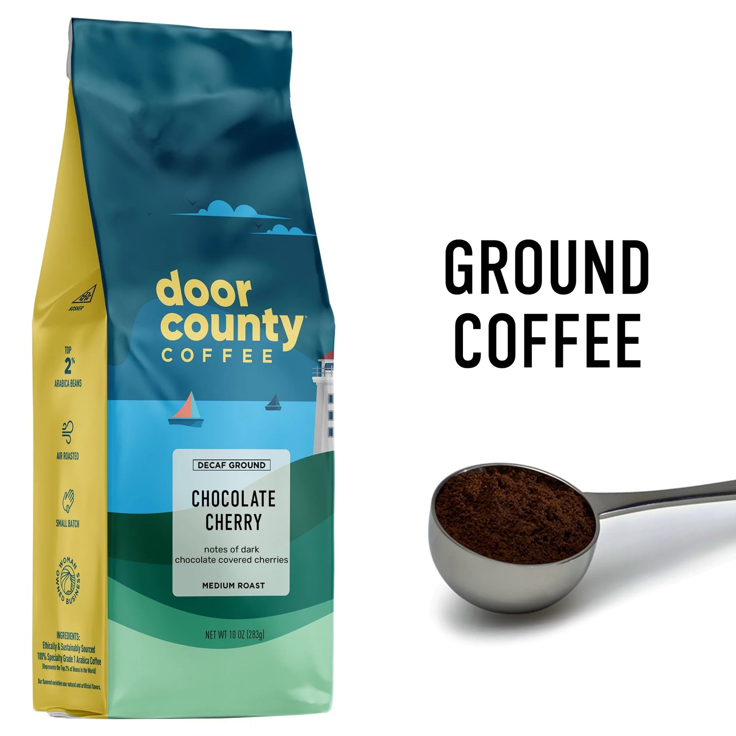 Door County Coffee Chocolate Cherry Decaf, Chocolate & Cherry Flavored Specialty Coffee, Decaf Medium Roast, Ground, 10Oz Bag
