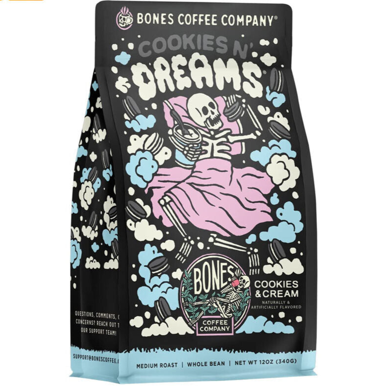 Bones Coffee Company Cookies 'N Dreams Ground Coffee Beans Cookie & Creams 12 Oz