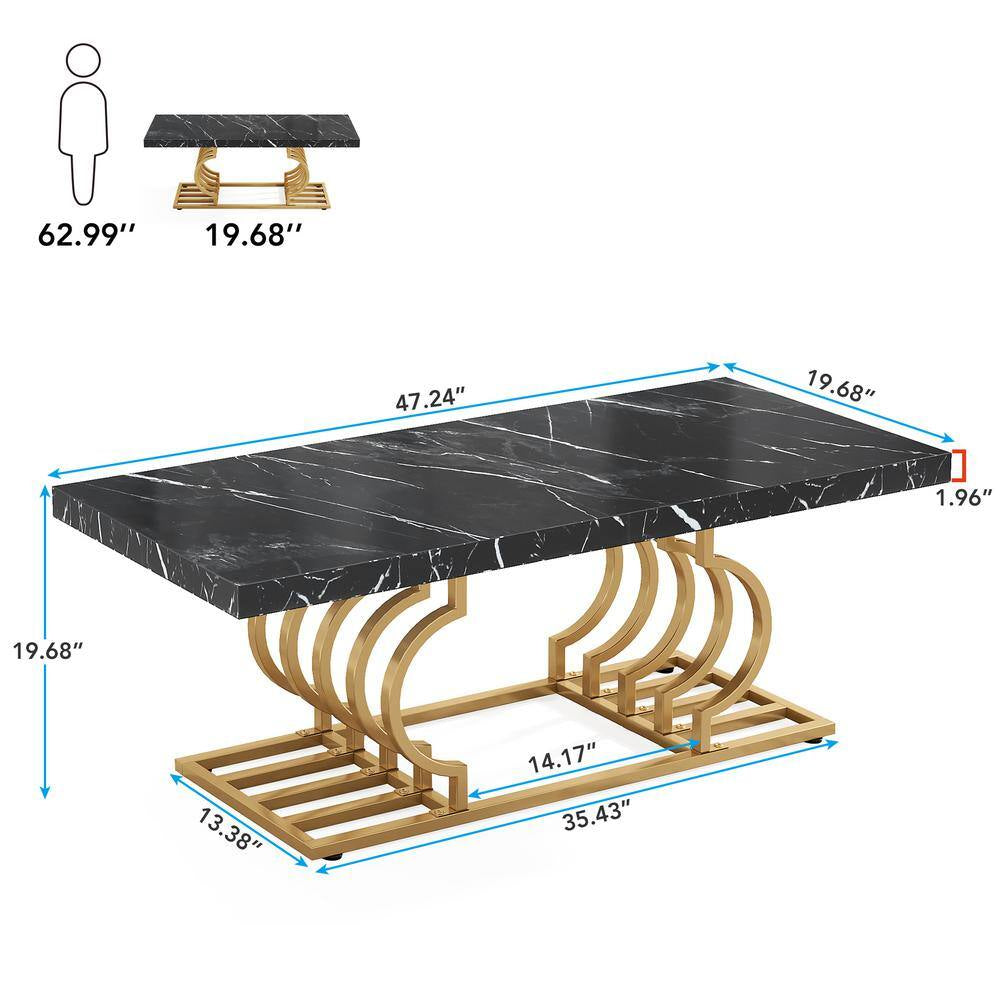 Kerlin 47 In. Black Rectangle Wood Coffee Table with Geometric Frame, Faux Marble Cocktail Table Center Table