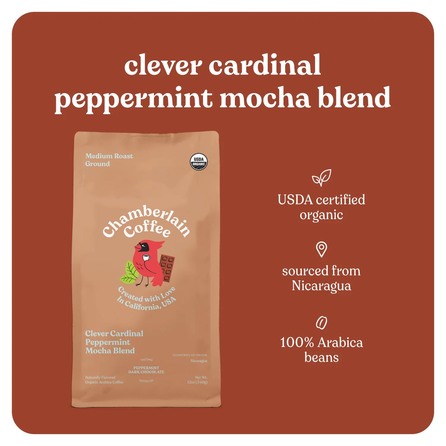 Clever Cardinal Peppermint Mocha Ground Coffee, 12 Oz Bag