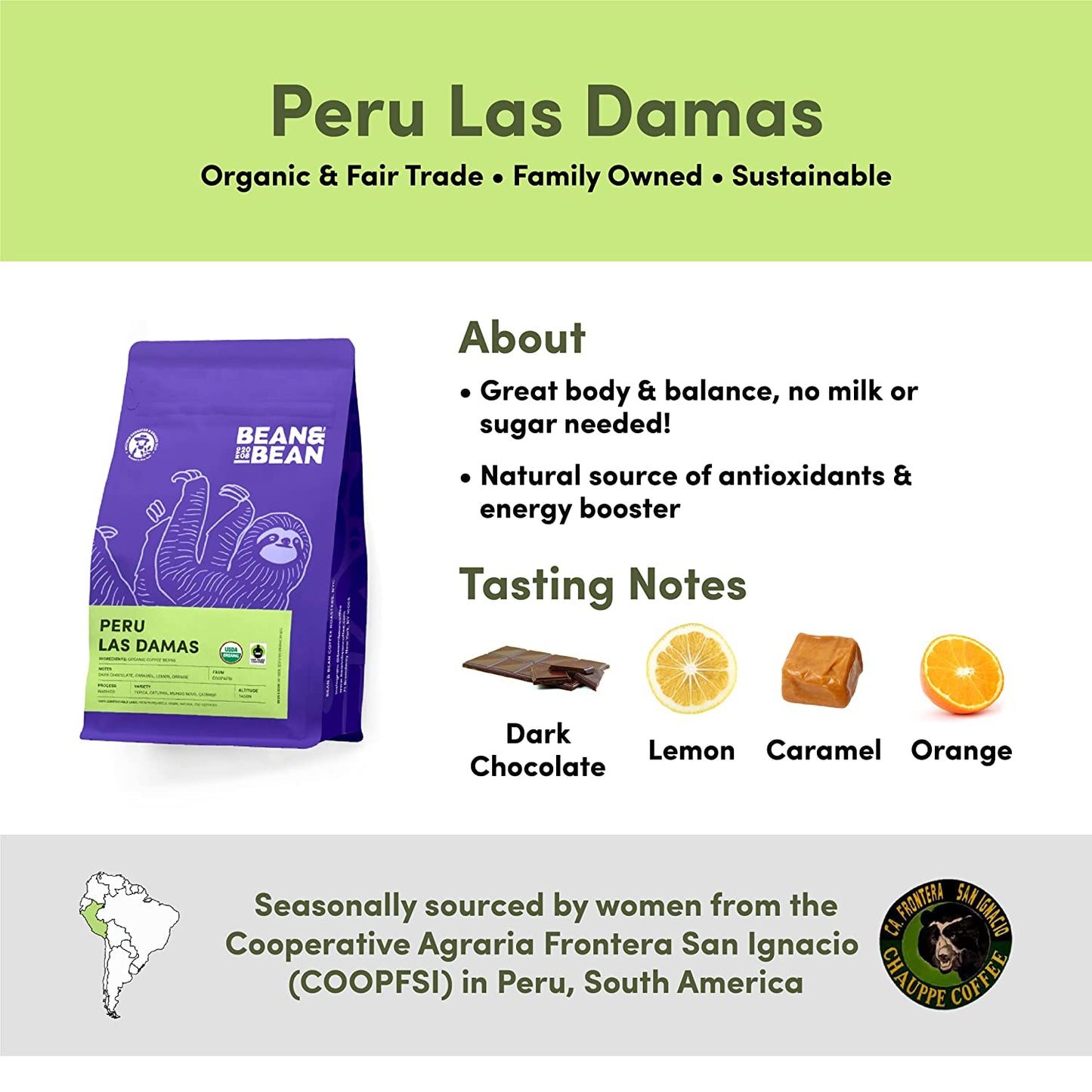 Bean & Bean Peru Las Damas Single Origin Coffee – Peruvian Organic Ground Coffee – Velvety Caramel Coffee – Sweet, Smooth and Complex Coffee – Fair Trade Coffee - Ground Medium Roast, 11Oz