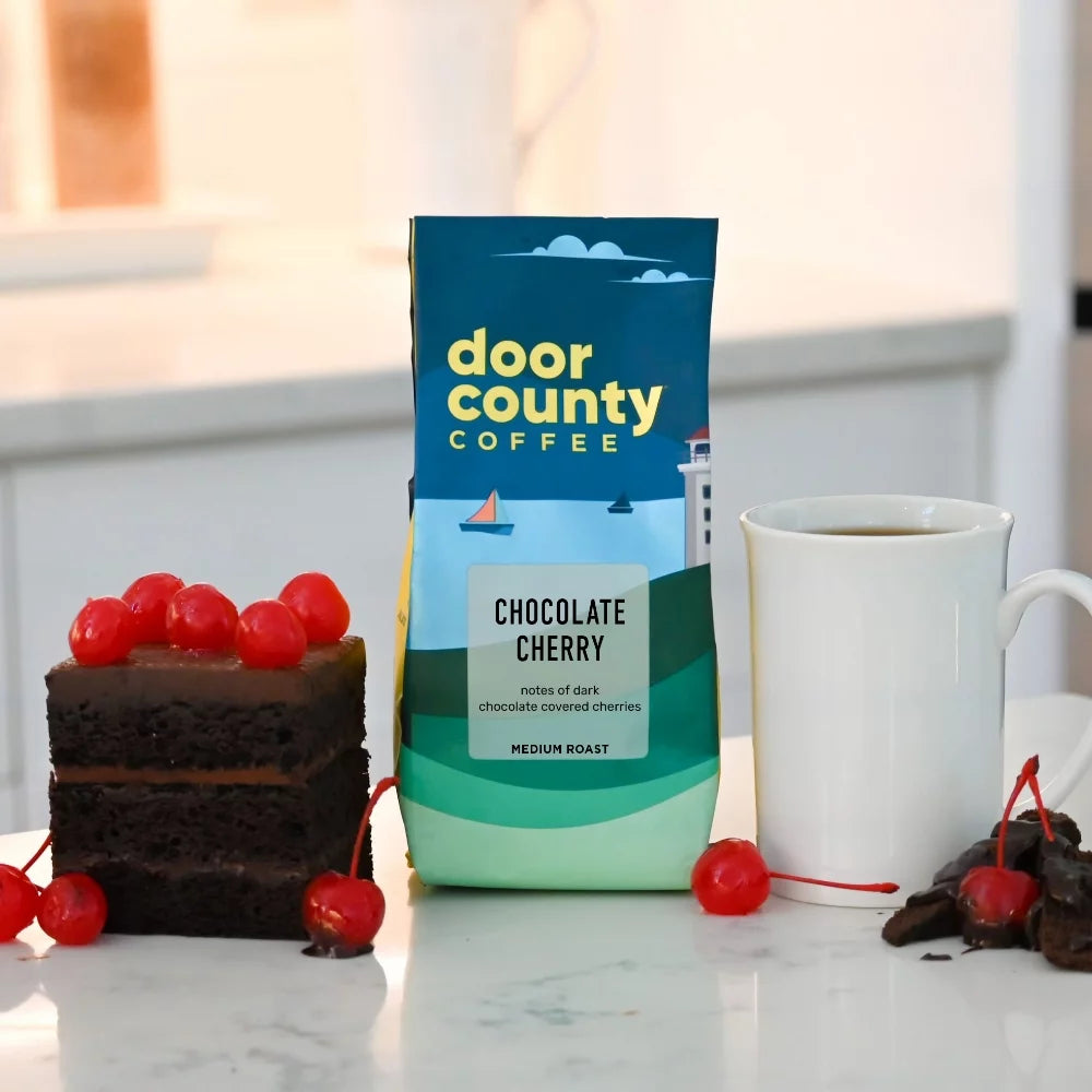 Door County Coffee Chocolate Cherry Decaf, Chocolate & Cherry Flavored Specialty Coffee, Decaf Medium Roast, Ground, 10Oz Bag