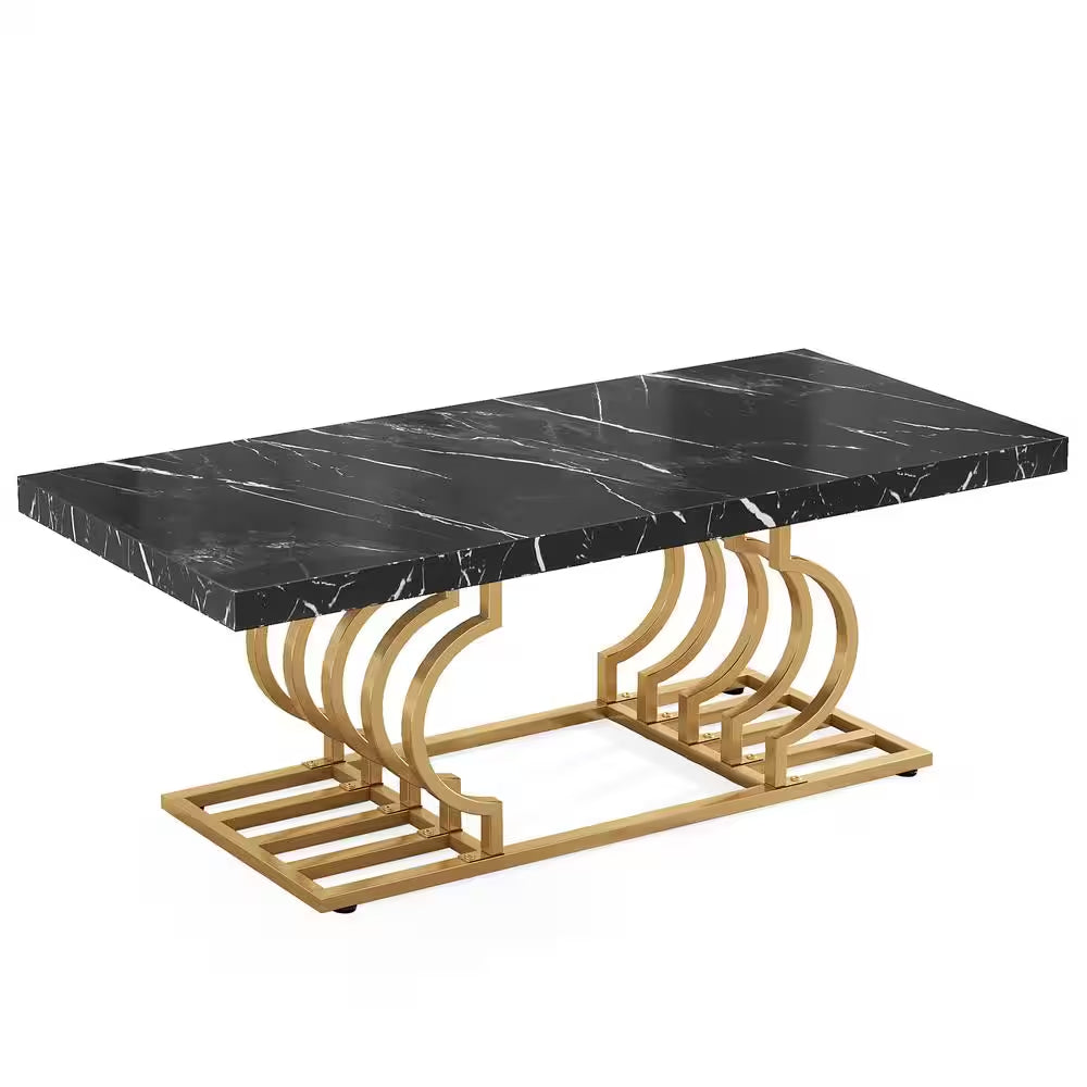 Kerlin 47 In. Black Rectangle Wood Coffee Table with Geometric Frame, Faux Marble Cocktail Table Center Table