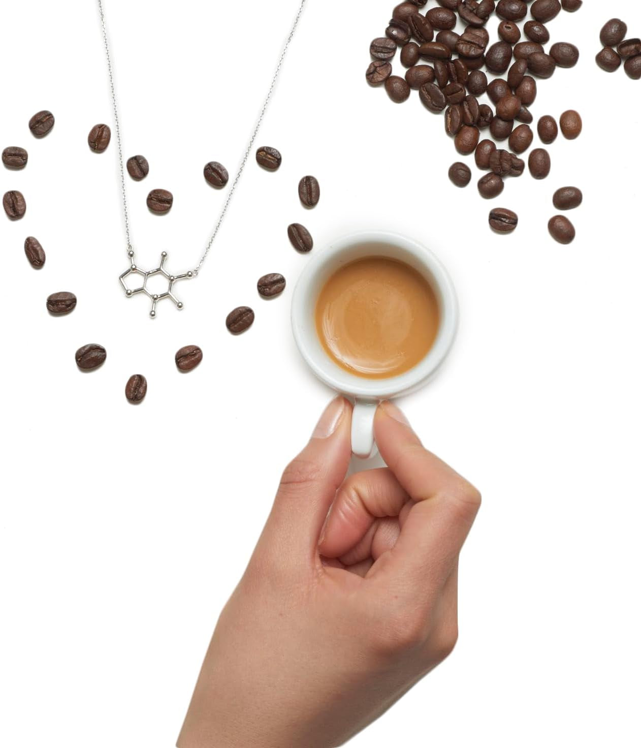 Caffeine Molecule Necklace - 925 Sterling Silver Jewelry for Coffee Lovers & Science Enthusiasts