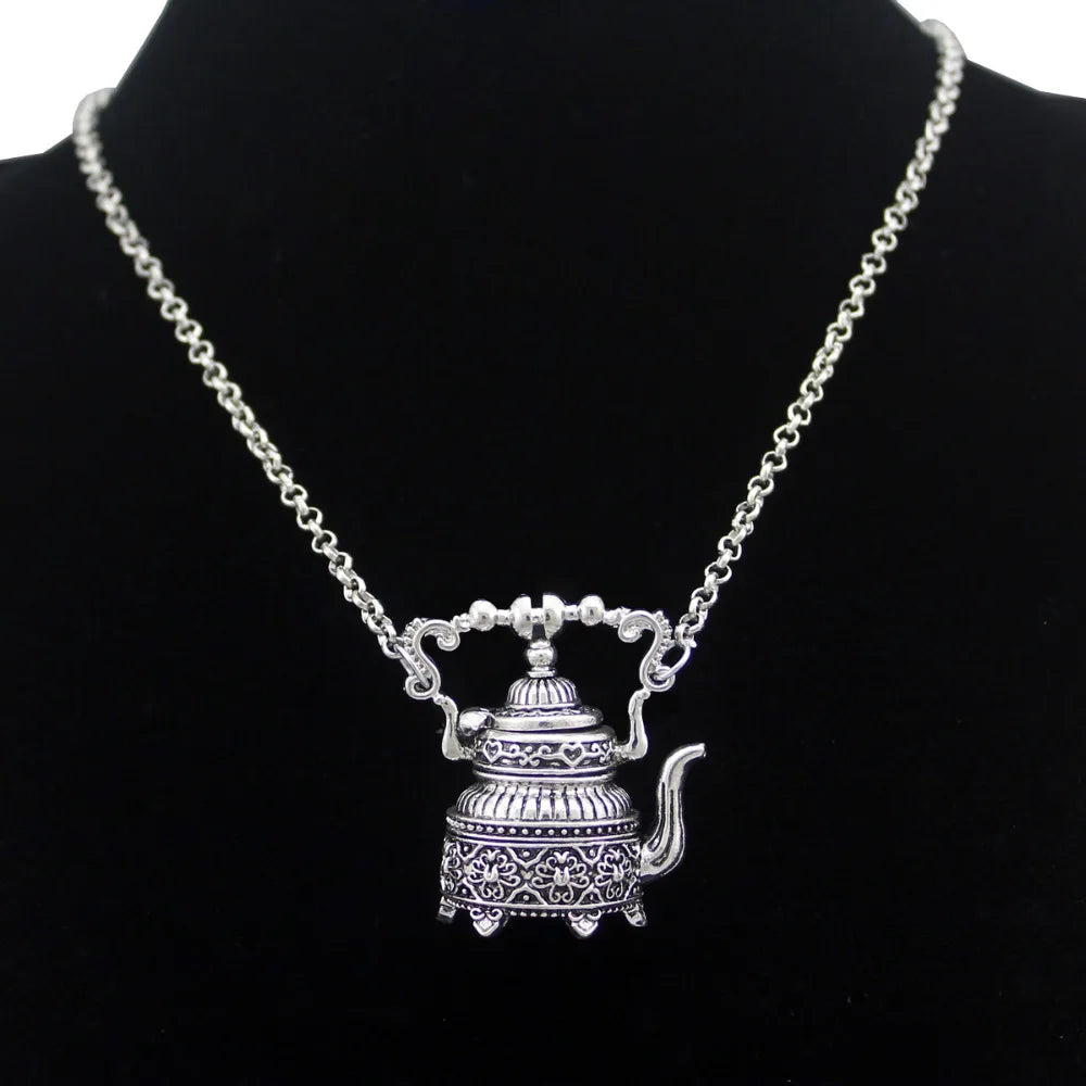 Vintage Silver Plated Victorian Wonderland 3D Tea Pot Party Steampunk Goth Pendant Necklace Link Chain Choker Collar Jewelry