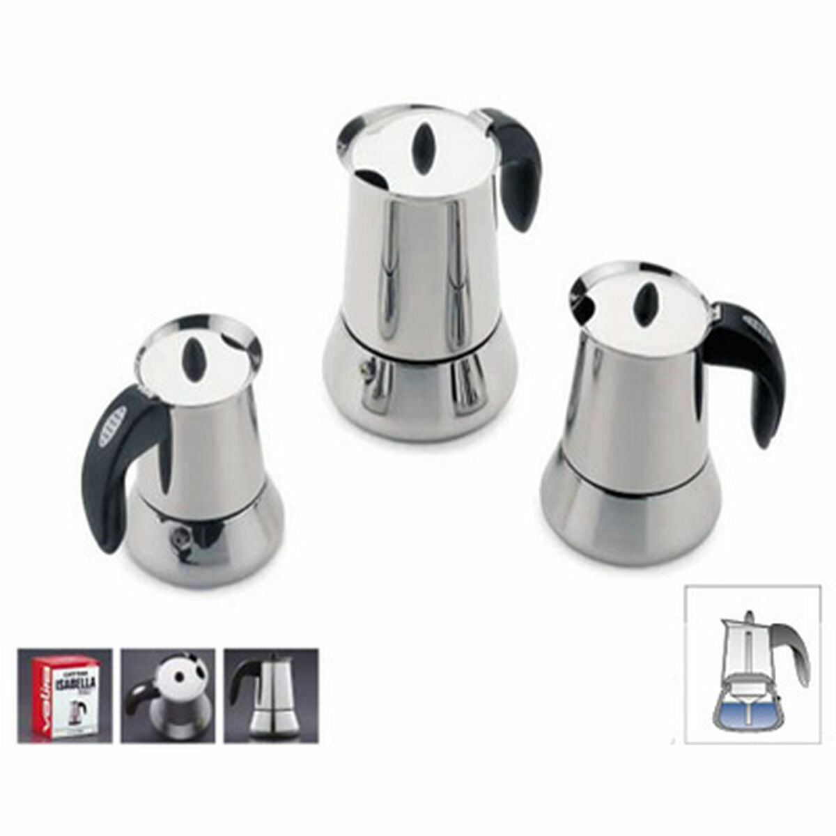 Italian Coffee Pot Valira ISABELLA 4T Black Steel Stainless steel