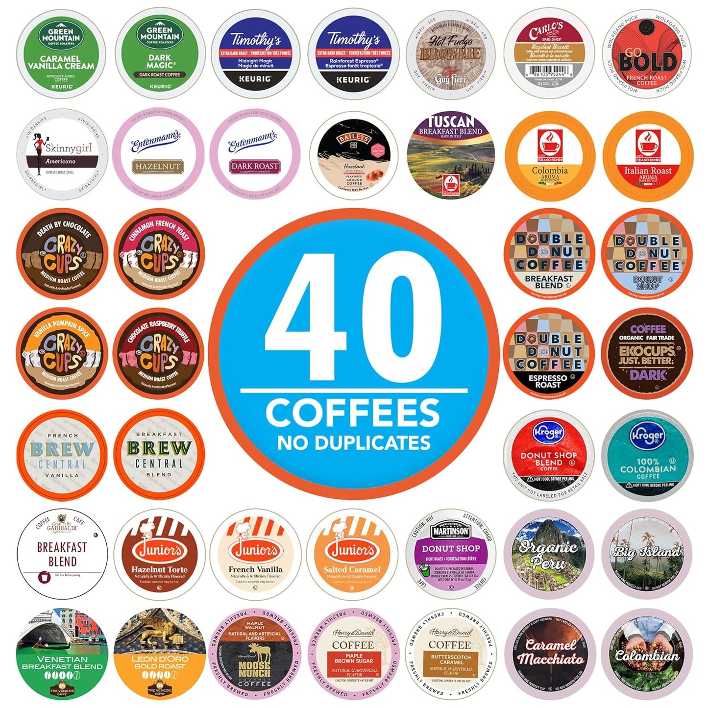 Coffee Pods Variety Pack Sampler, Assorted Single Serve Coffee for Keurig K Cups Coffee Makers, 40 Unique Cups - Great Coffee Gift