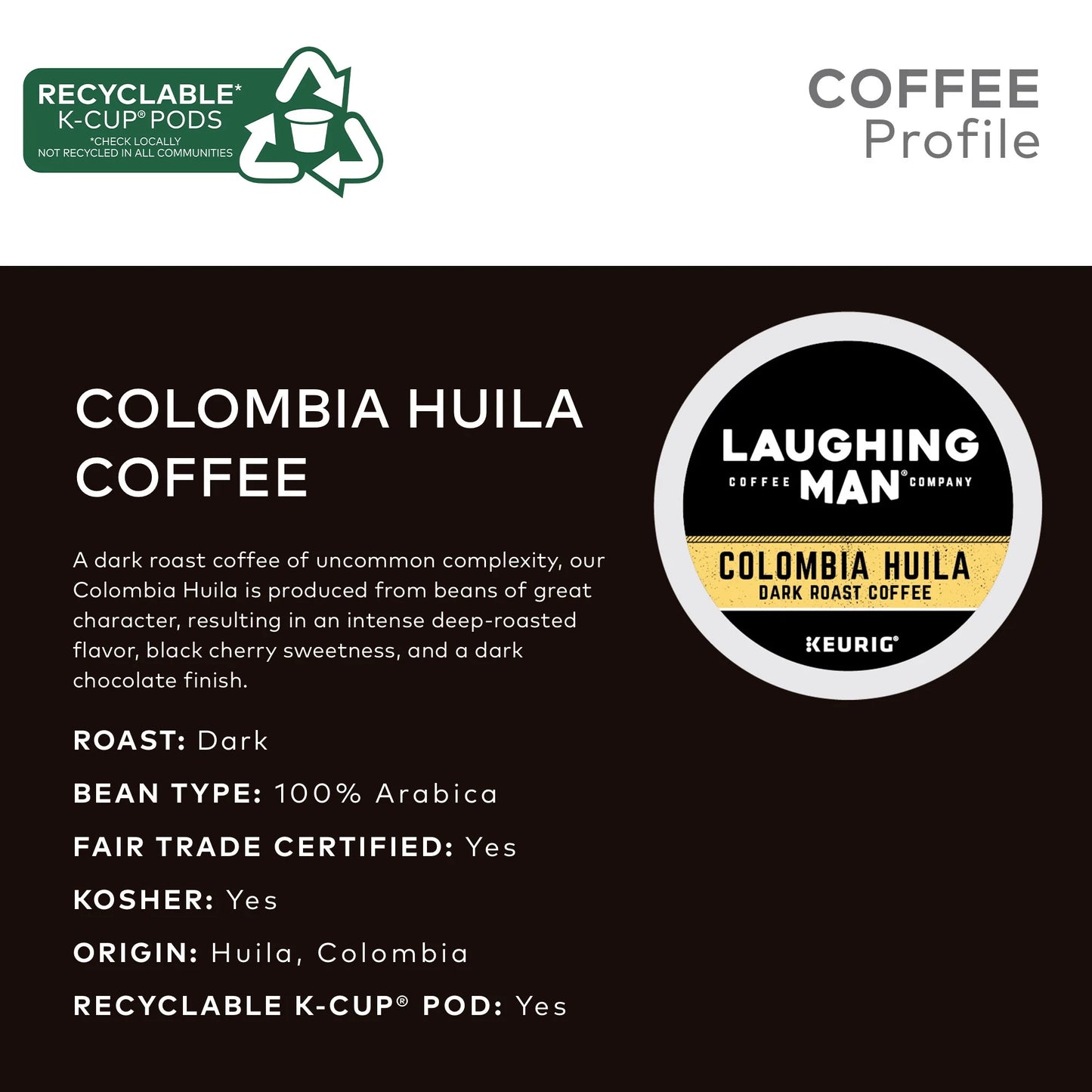 Colombia Huila Coffee, K-Cup Pod, Dark Roast, 22Ct