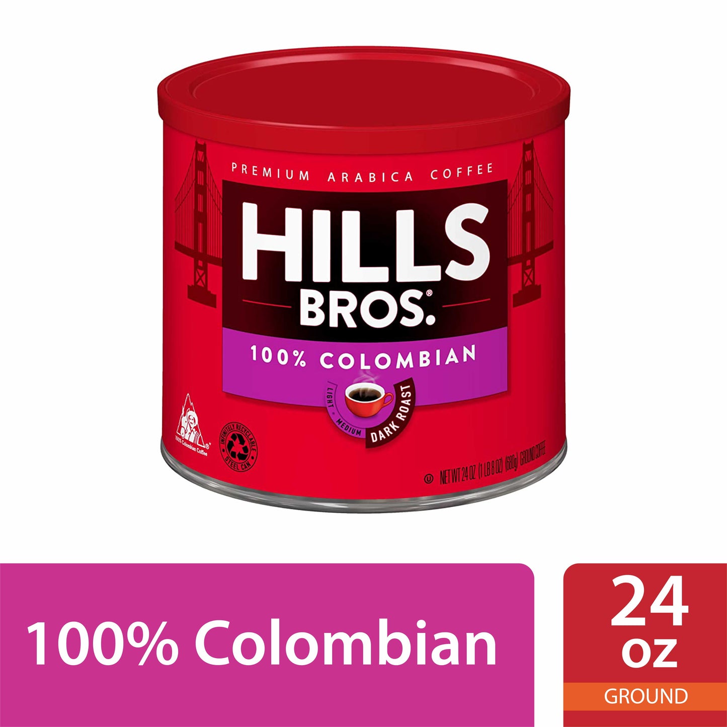 . Coffee 100% Colombian Ground Coffee, Dark Roast, 24 Oz