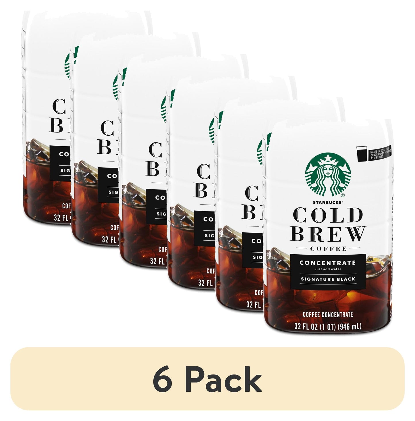 (6 Pack) Signature Black Coffee, Bottled Cold Brew Coffee Concentrate Drink, 32 Oz