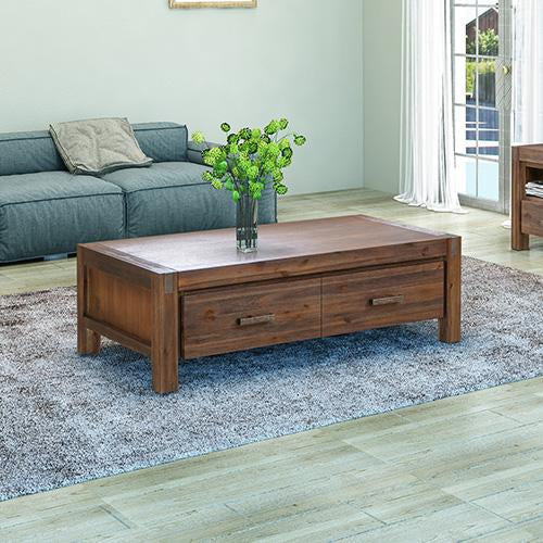Coffee Table Solid Acacia Wood & Veneer 2 Drawers Storage Oak Colour