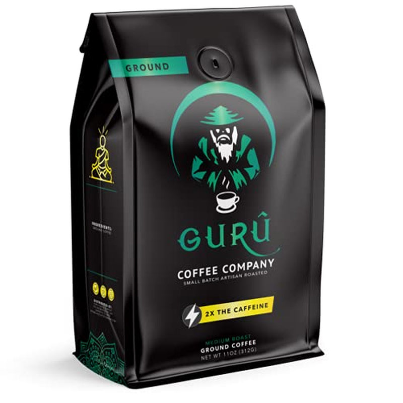 Guru Coffee Company High Caffeine Medium Roast Ground Coffee, Natural Energy from Premium Gourmet Specialty Grade Beans, 11 Ounce
