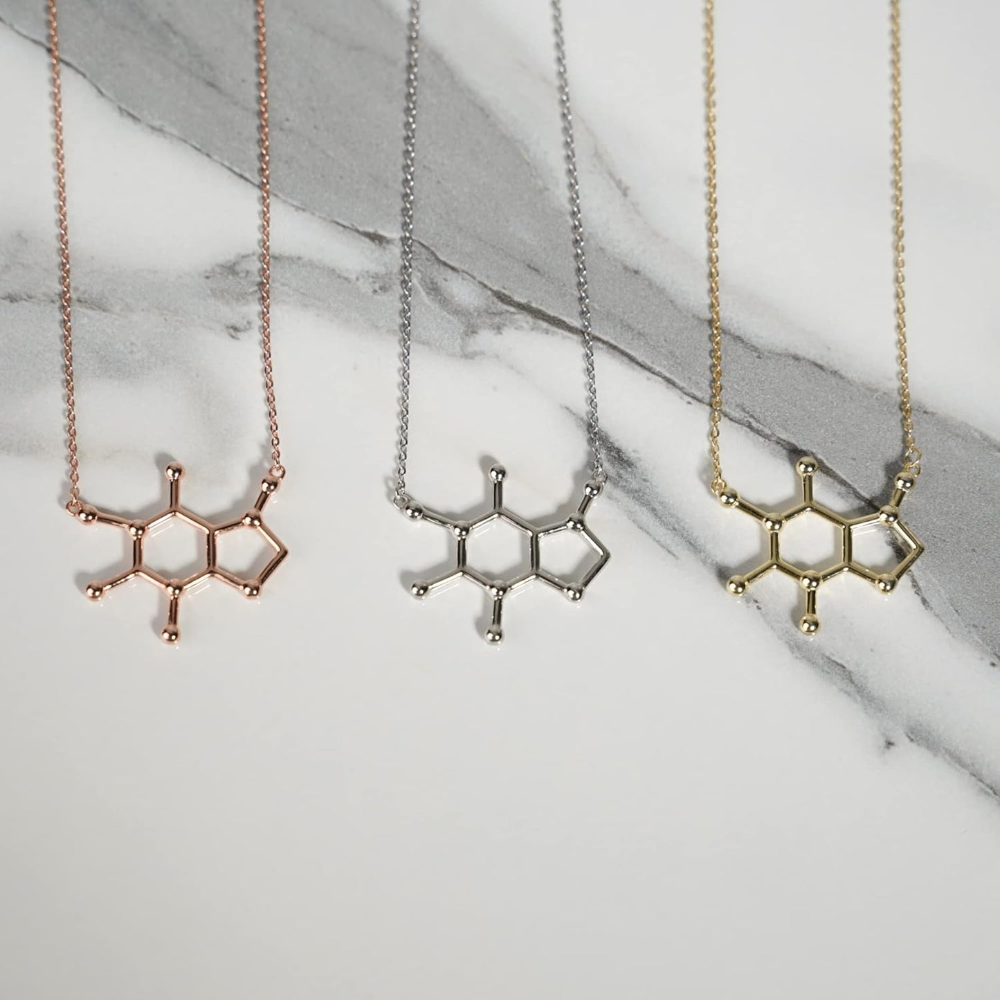 Caffeine Molecule Necklace - 925 Sterling Silver Jewelry for Coffee Lovers & Science Enthusiasts