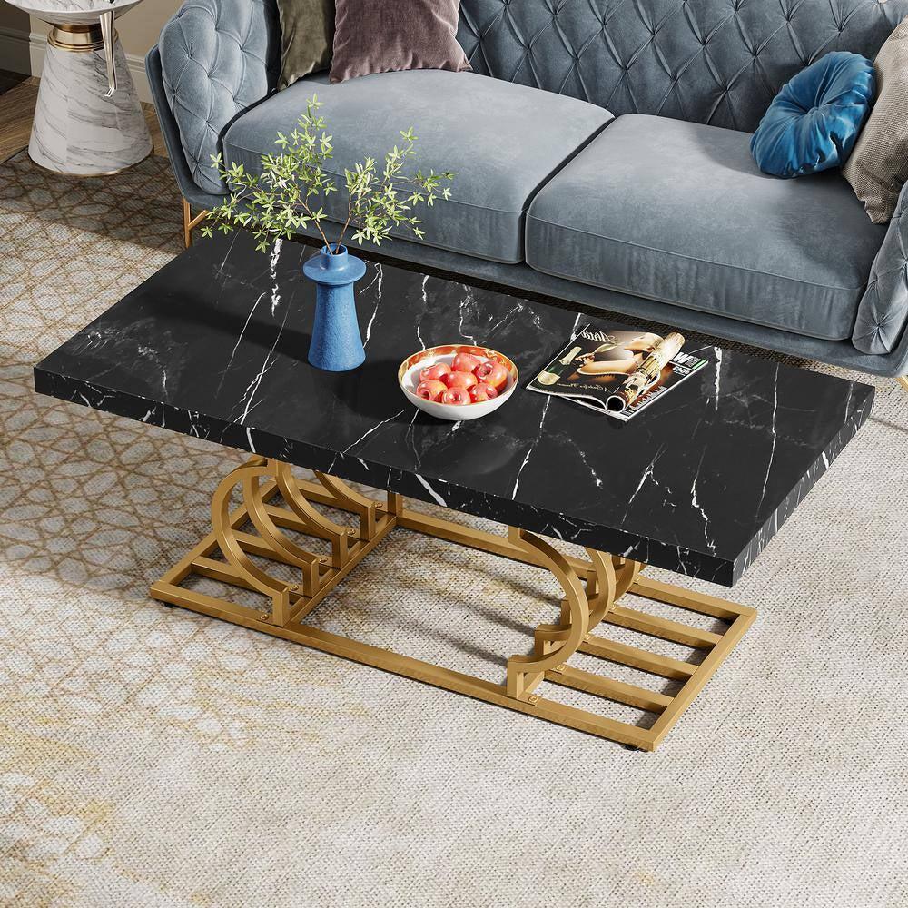Kerlin 47 In. Black Rectangle Wood Coffee Table with Geometric Frame, Faux Marble Cocktail Table Center Table