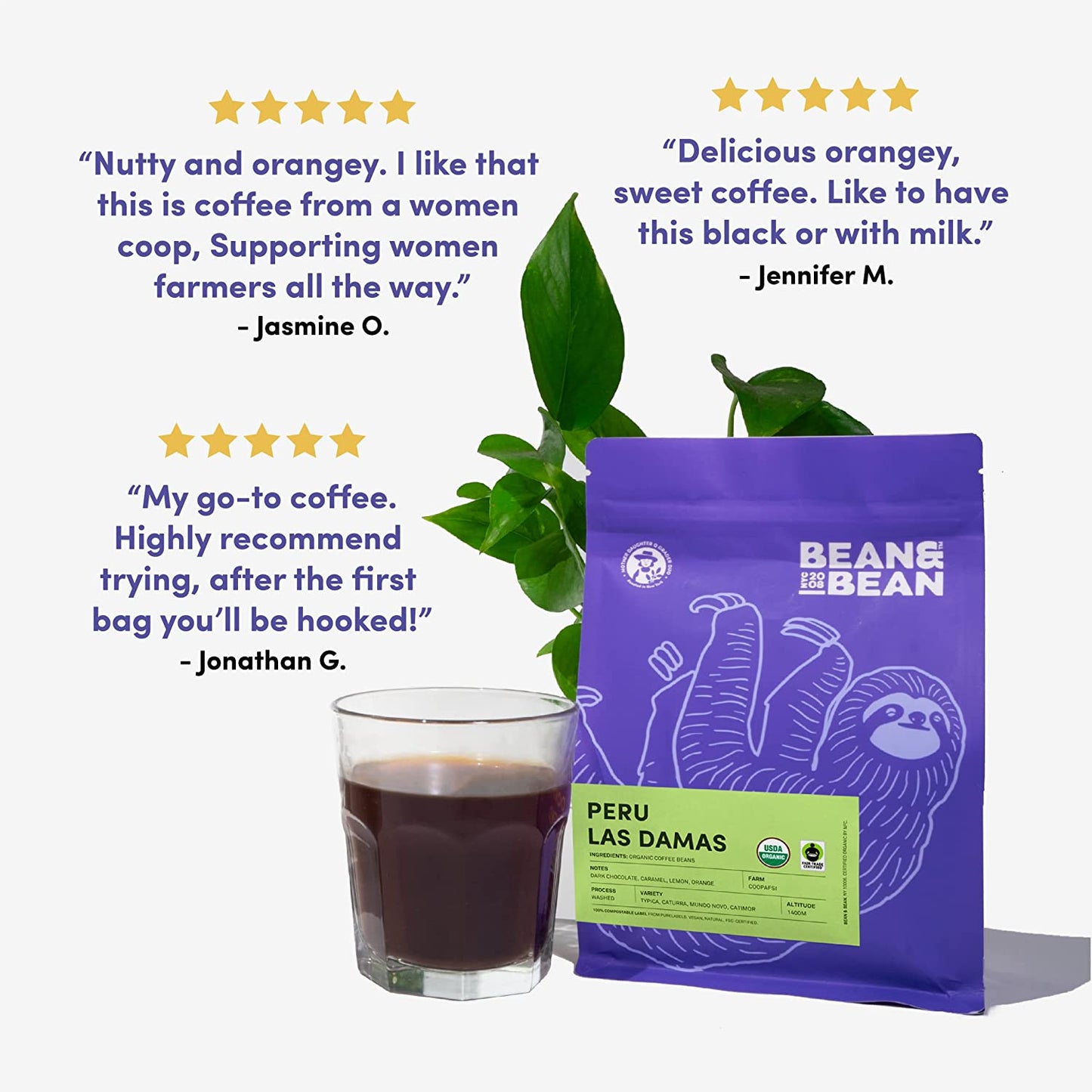 Bean & Bean Peru Las Damas Single Origin Coffee – Peruvian Organic Ground Coffee – Velvety Caramel Coffee – Sweet, Smooth and Complex Coffee – Fair Trade Coffee - Ground Medium Roast, 11Oz