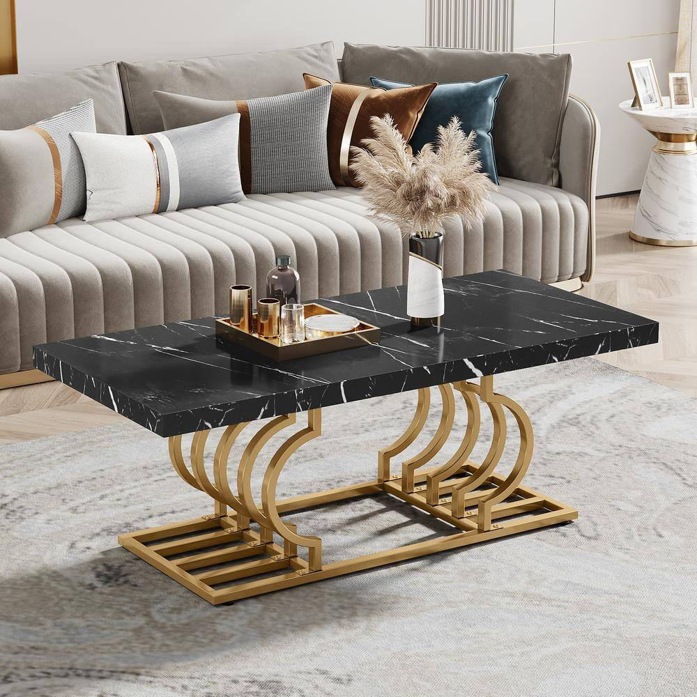 Kerlin 47 In. Black Rectangle Wood Coffee Table with Geometric Frame, Faux Marble Cocktail Table Center Table