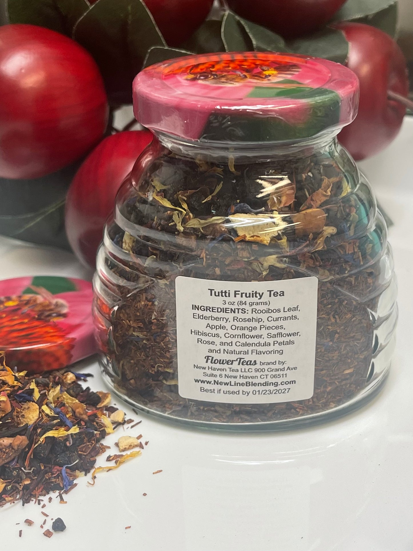 Tutti Fruity Herbal Loose Leaf Tea No Caffeine 3 oz Honeycomb Glass
