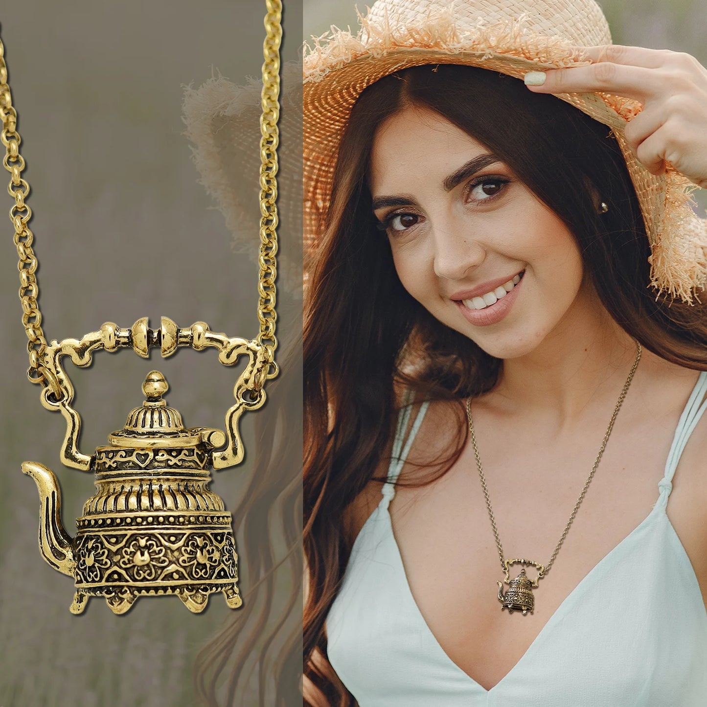 Vintage Silver Plated Victorian Wonderland 3D Tea Pot Party Steampunk Goth Pendant Necklace Link Chain Choker Collar Jewelry