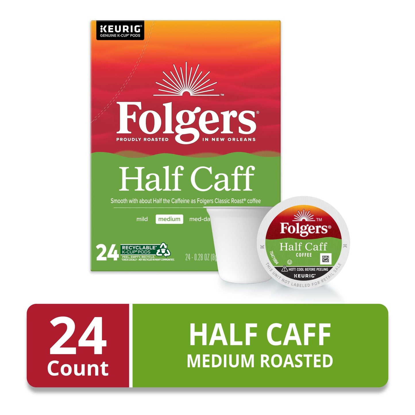 1/2 Caff Coffee, Medium Roast Coffee, Keurig K-Cup Pods, 24 Count Box