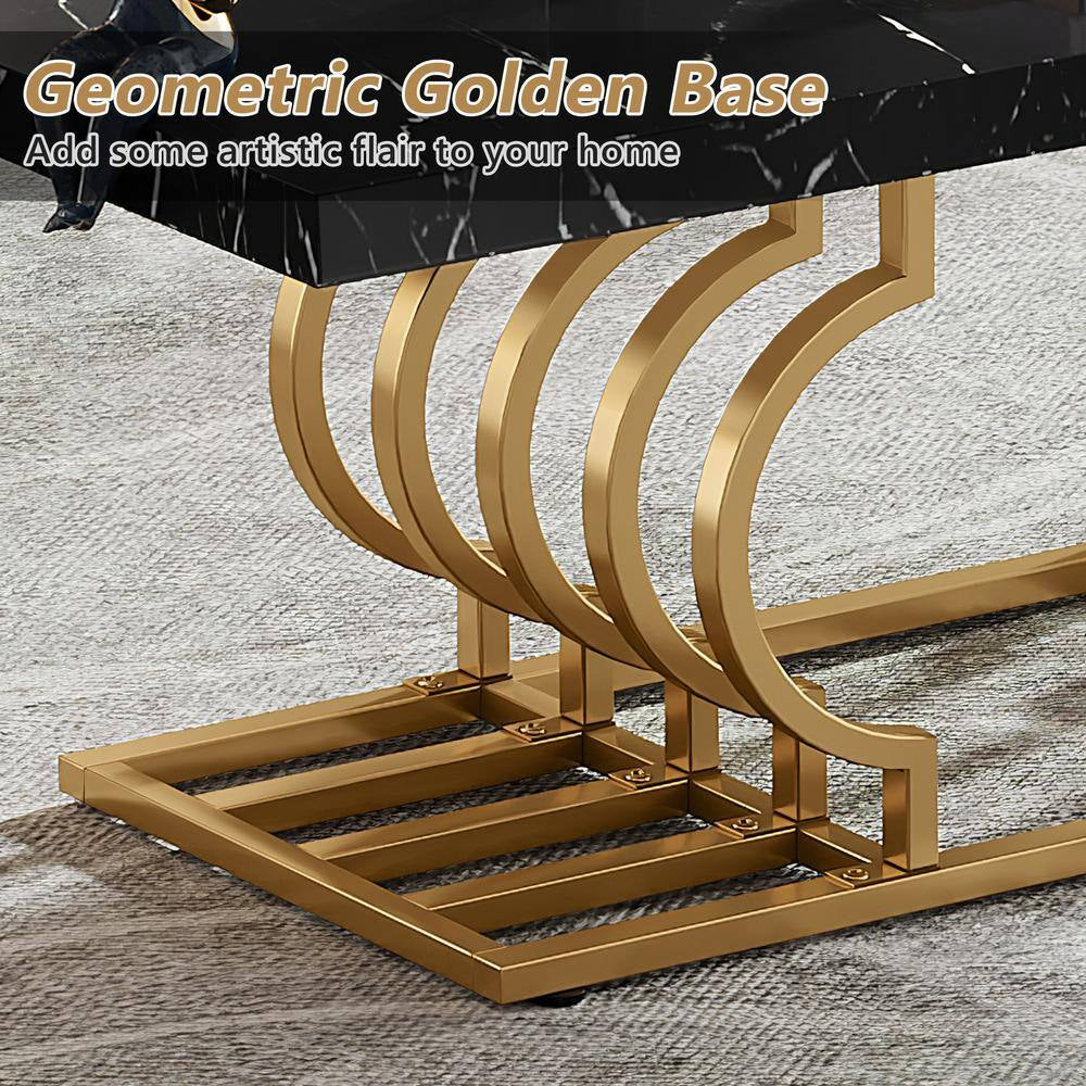 Kerlin 47 In. Black Rectangle Wood Coffee Table with Geometric Frame, Faux Marble Cocktail Table Center Table