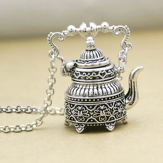 Vintage Silver Plated Victorian Wonderland 3D Tea Pot Party Steampunk Goth Pendant Necklace Link Chain Choker Collar Jewelry
