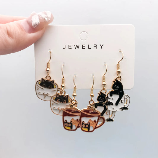 3Pairs/Set Fashion Exquisite Cute Teacup Cat Earrings Little Cat in a Coffee Cup Accessories for Women Gift for Cat Lover