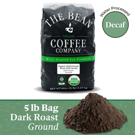 The Bean Coffee Company Organic 50/50 French Roast, 50% Decaf, Dark Roast, Ground, 5-Pound Bag