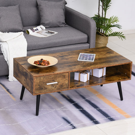 HOMCOM Retro Coffee Table with Storage Shelf and Drawer for Living