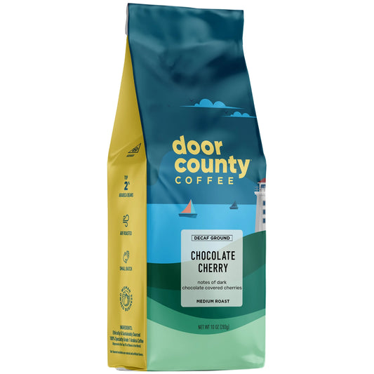 Door County Coffee Chocolate Cherry Decaf, Chocolate & Cherry Flavored Specialty Coffee, Decaf Medium Roast, Ground, 10Oz Bag