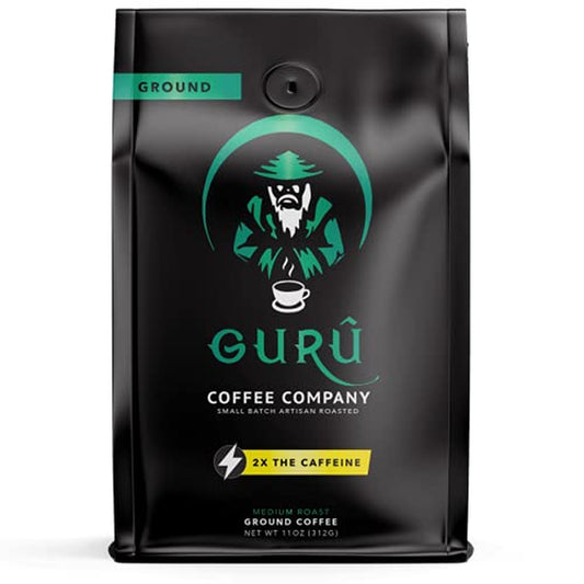 Guru Coffee Company High Caffeine Medium Roast Ground Coffee, Natural Energy from Premium Gourmet Specialty Grade Beans, 11 Ounce
