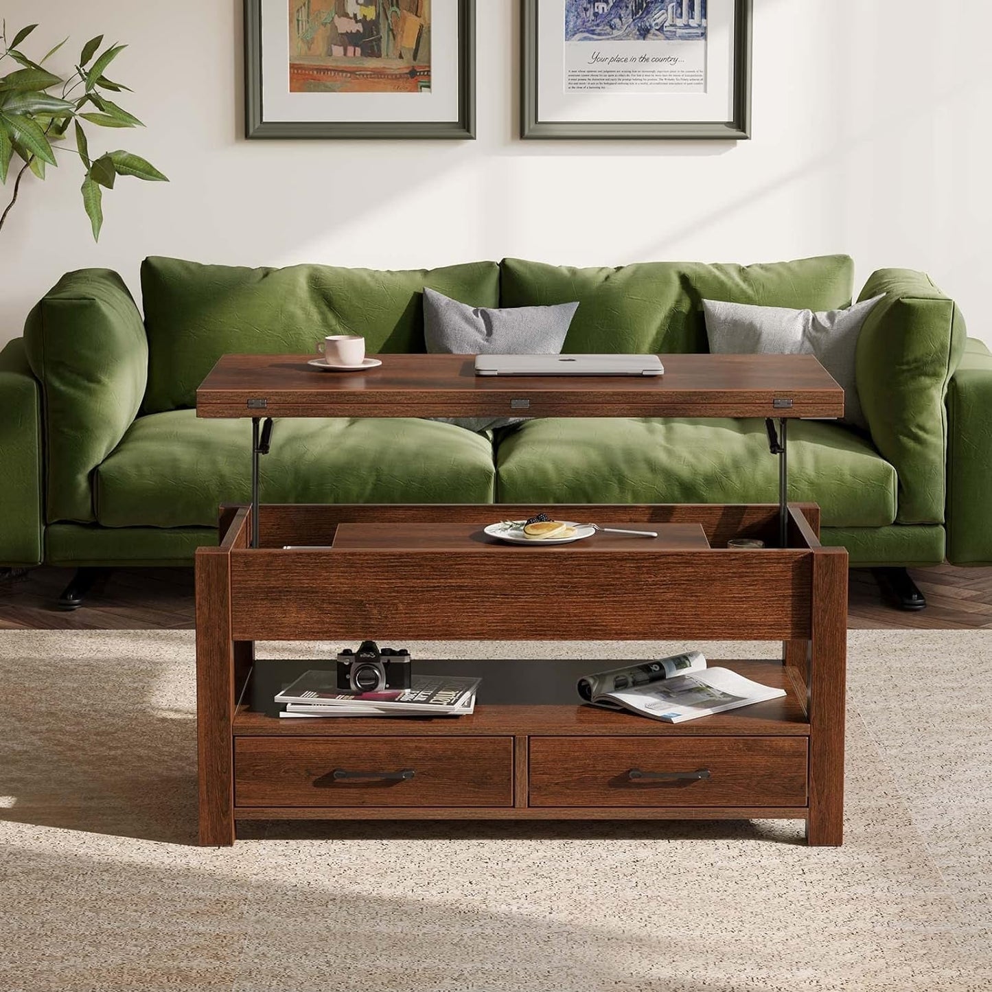 Espresso Lift Top Coffee Table With Drawers And Hidden Compartment