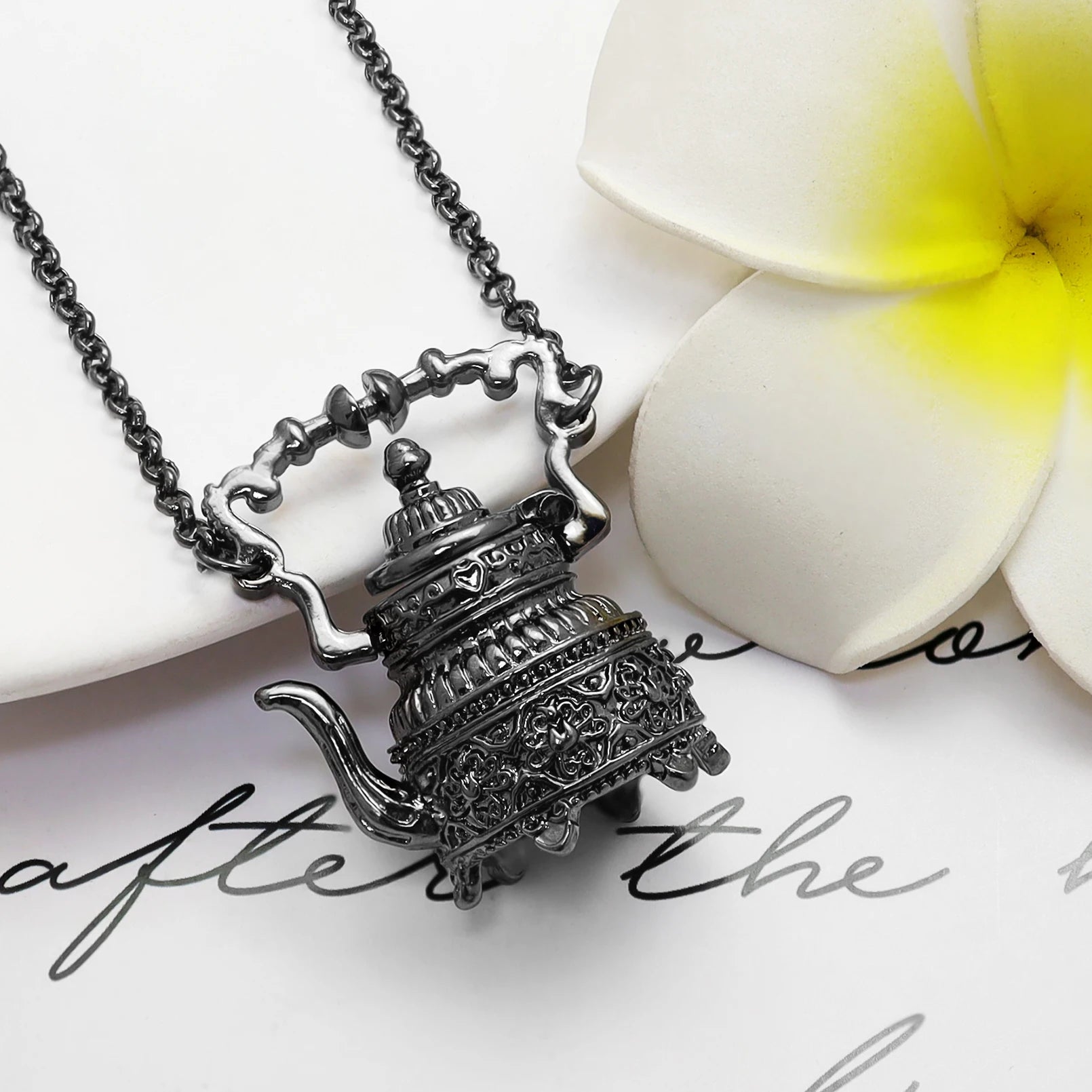 Vintage Silver Plated Victorian Wonderland 3D Tea Pot Party Steampunk Goth Pendant Necklace Link Chain Choker Collar Jewelry