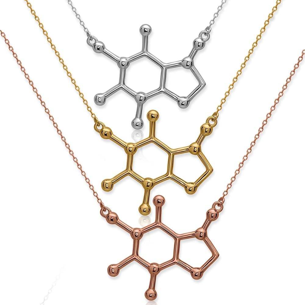 Caffeine Molecule Necklace - 925 Sterling Silver Jewelry for Coffee Lovers & Science Enthusiasts