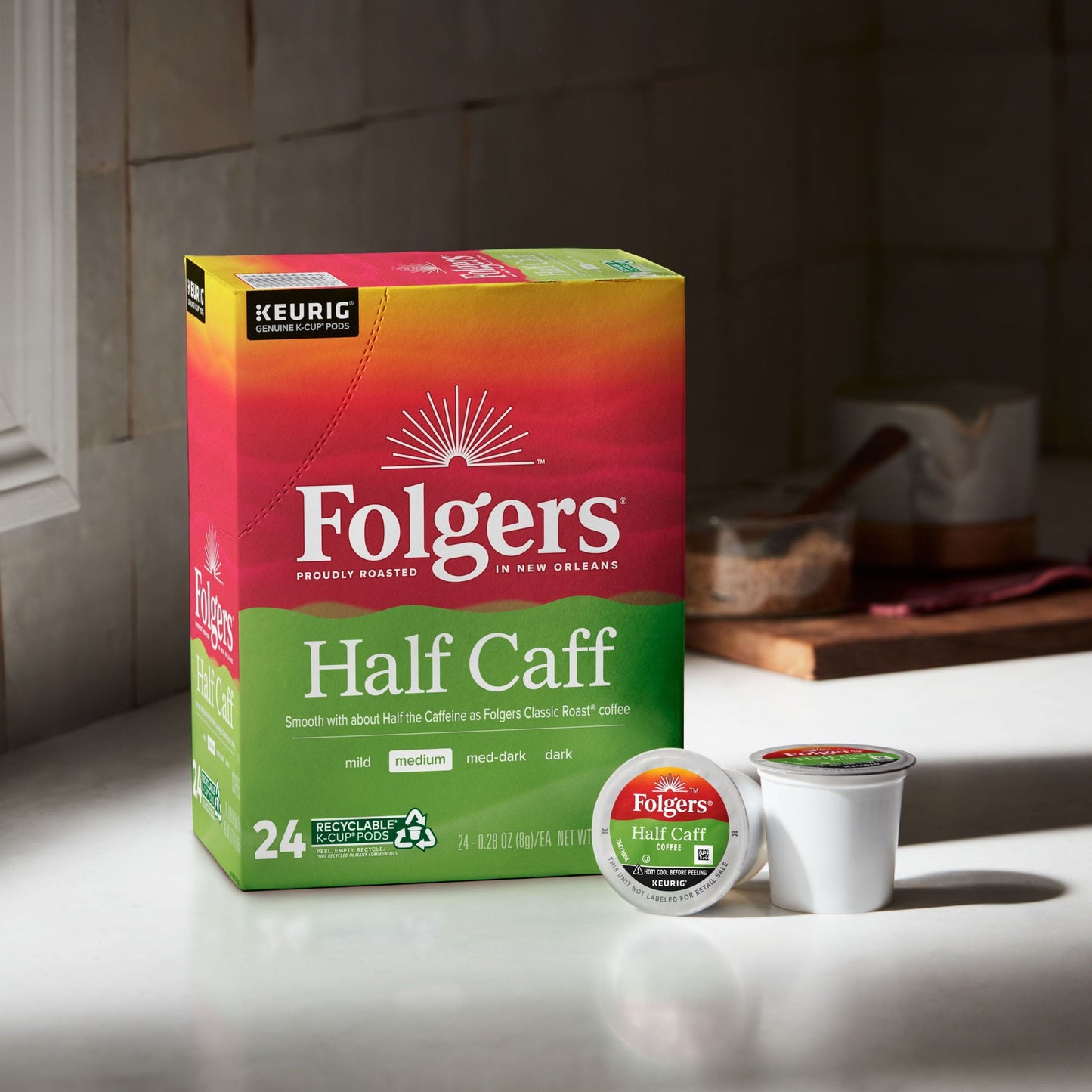 1/2 Caff Coffee, Medium Roast Coffee, Keurig K-Cup Pods, 24 Count Box