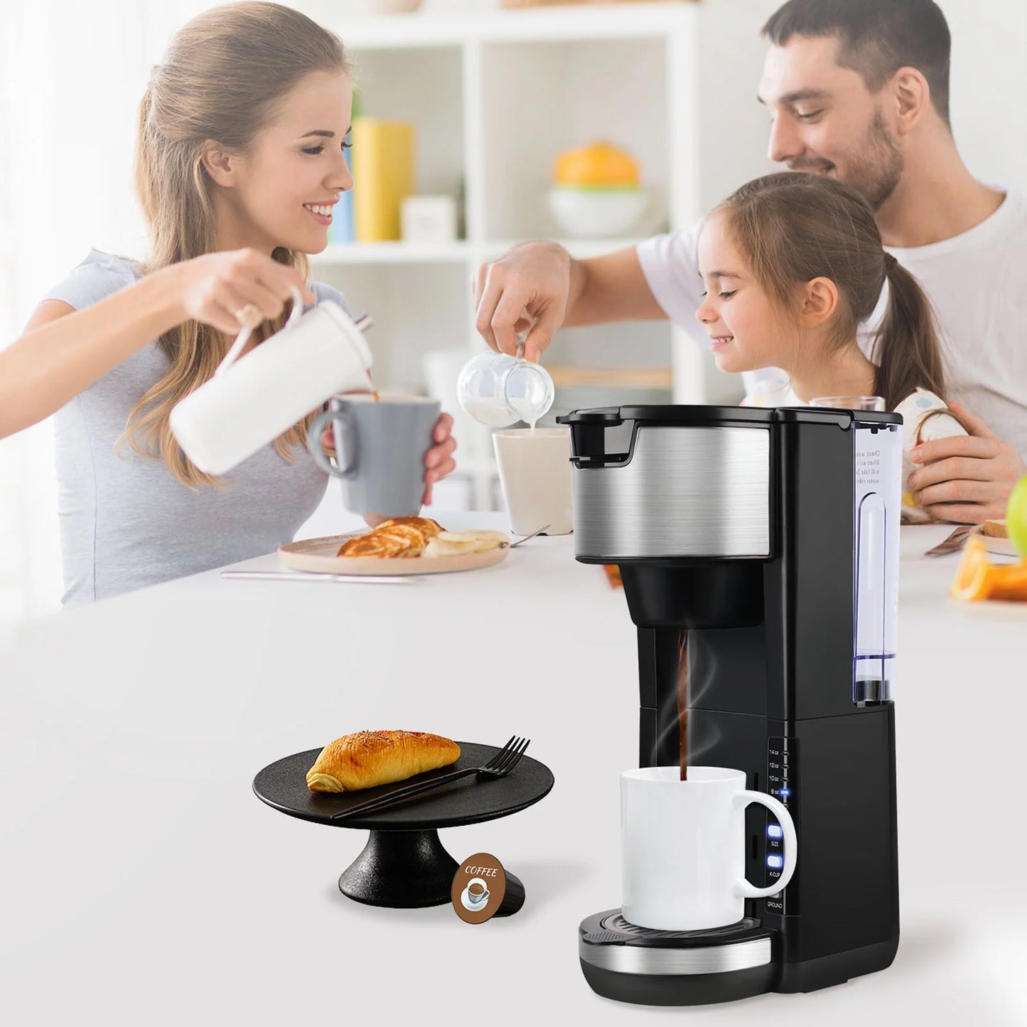 Single Serve Coffee Maker K Cup & Ground Coffee, One Cup Coffee Maker Brews 6-14 Oz in 2 Mins, Pod Coffee Maker Fits Travel Mugs, with 30 Oz Removable Water Tank, Reuseable Filter, Black