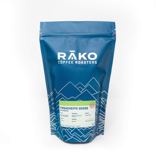 RĀKO COFFEE ROASTERS Yirgacheffe Gedeb, Single Origin Ethiopia Direct Trade, Whole Bean Specialty Coffee, Light Roast, 12 Oz. Bag, 1-Pack