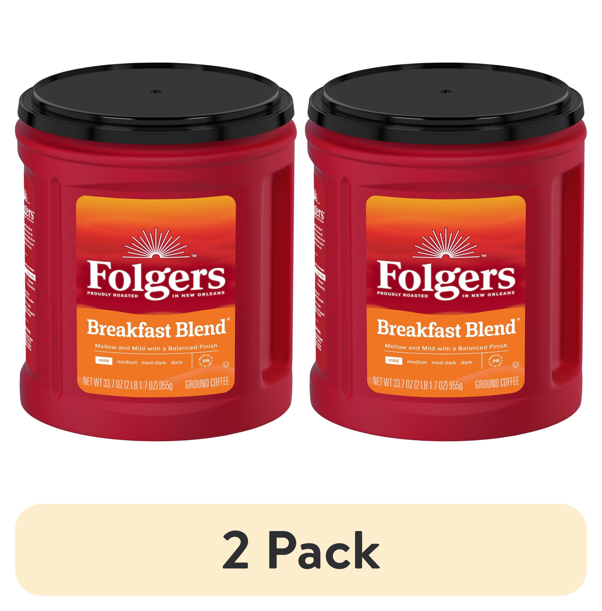 (2 Pack)  Breakfast Blend Ground Coffee, Smooth & Mild Coffee, 33.7 Ounce Canister