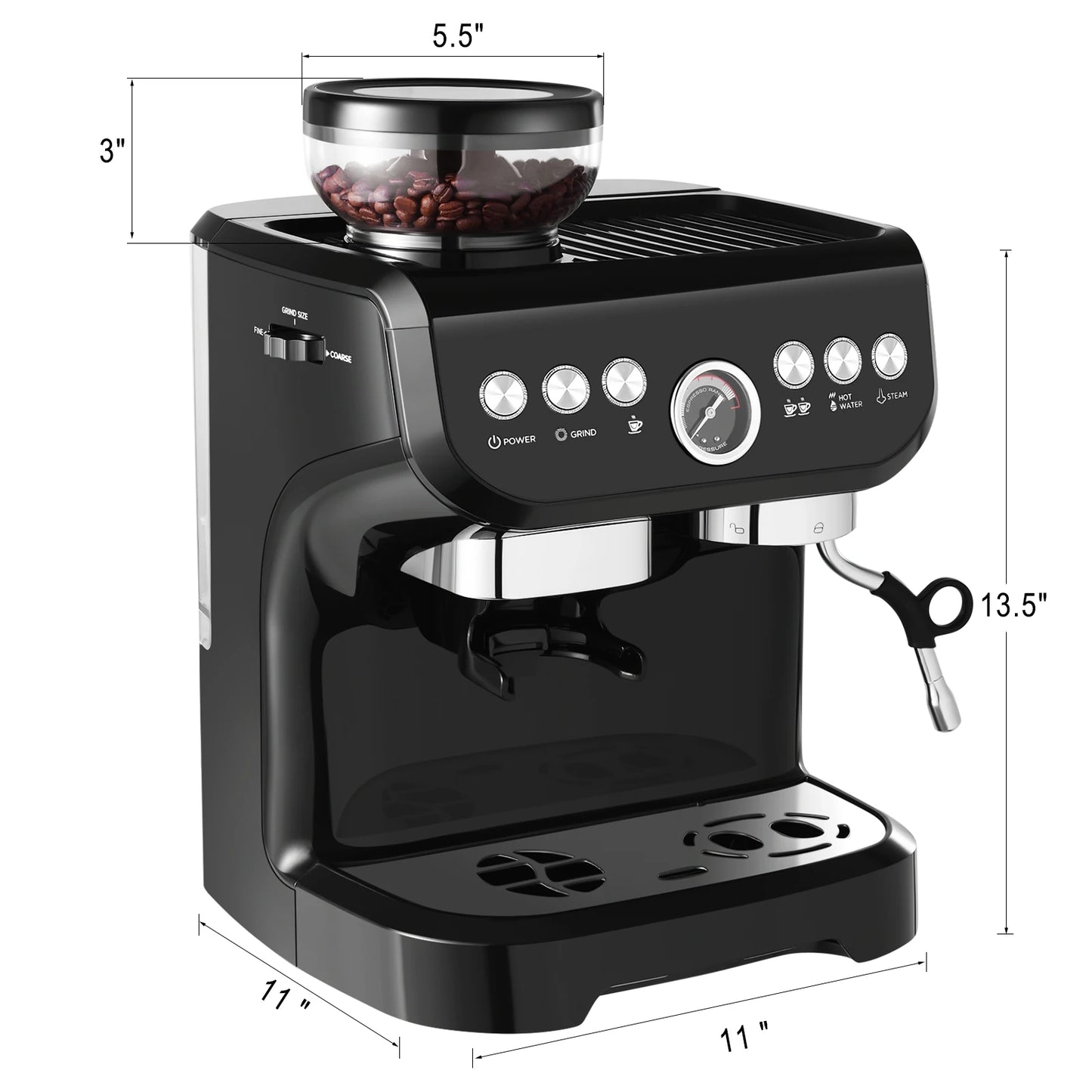 [US Direct] AC-517E 15Bar 1100W 110V Espresso Coffee Makers with Grinder Machine Electric Commercial Coffee Makers Machine for Household, Hotel