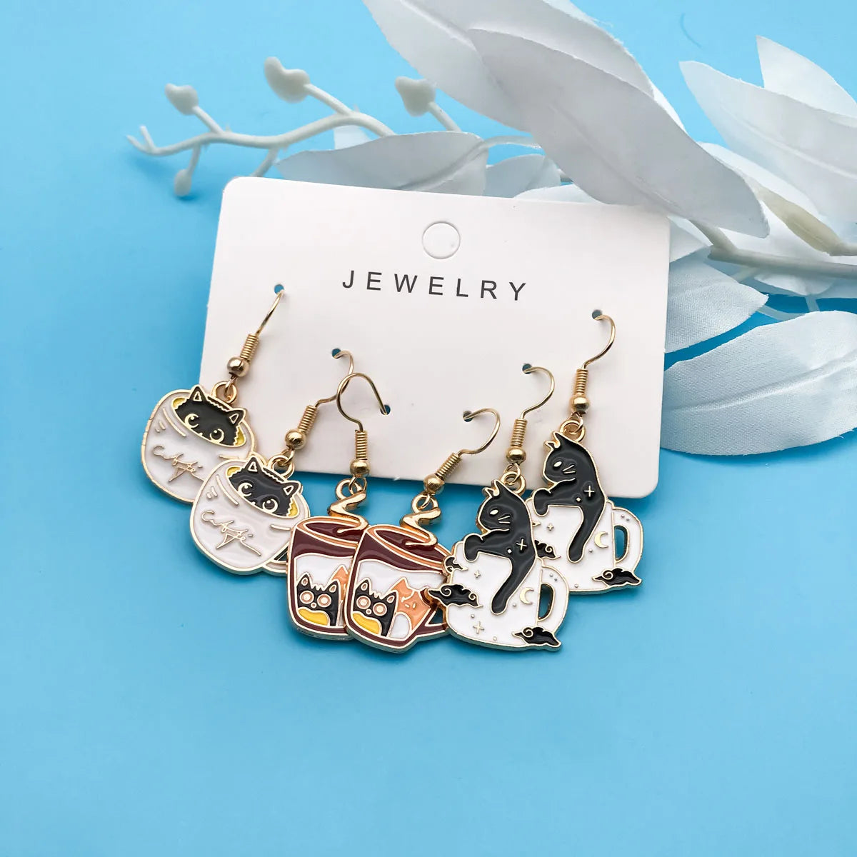 3Pairs/Set Fashion Exquisite Cute Teacup Cat Earrings Little Cat in a Coffee Cup Accessories for Women Gift for Cat Lover
