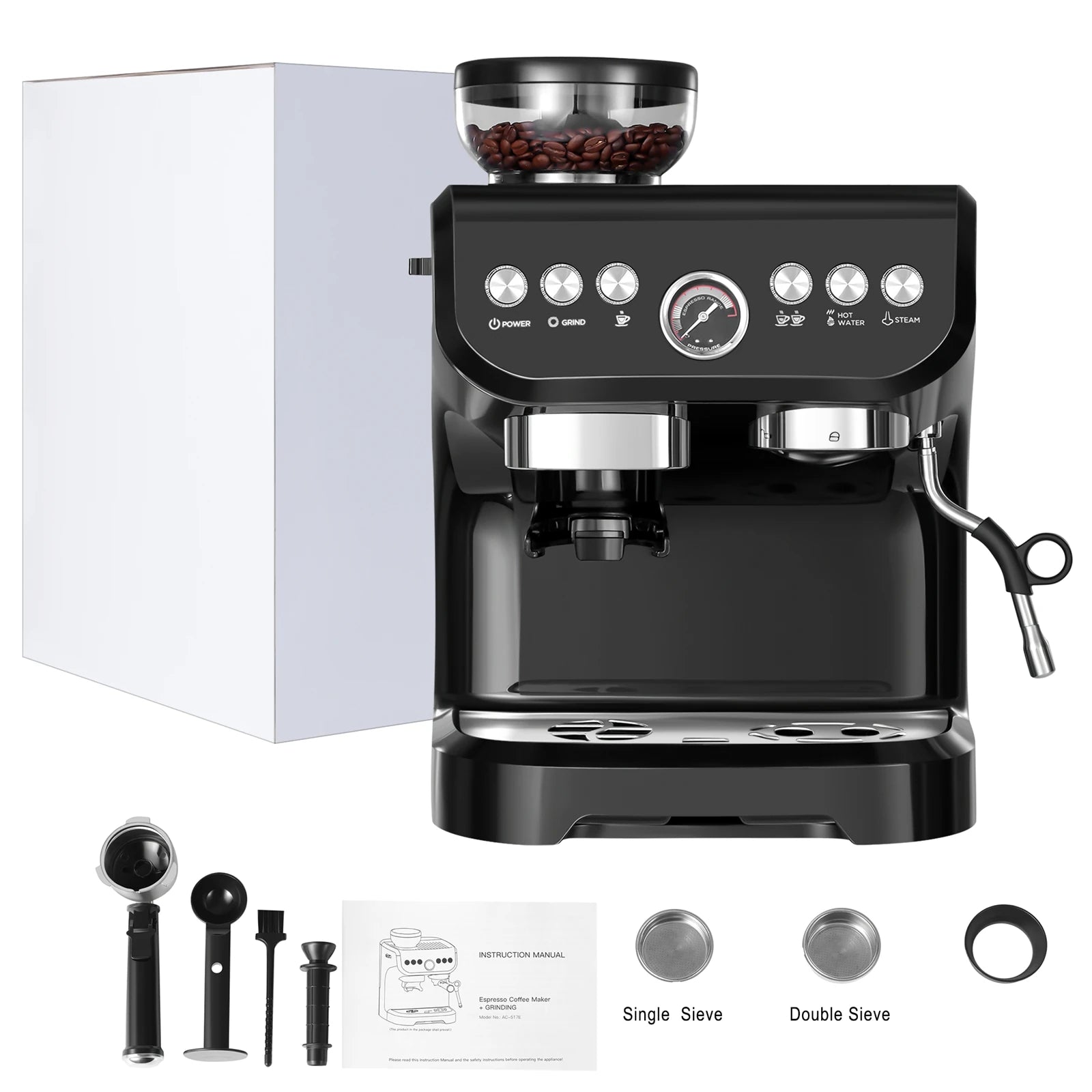 [US Direct] AC-517E 15Bar 1100W 110V Espresso Coffee Makers with Grinder Machine Electric Commercial Coffee Makers Machine for Household, Hotel