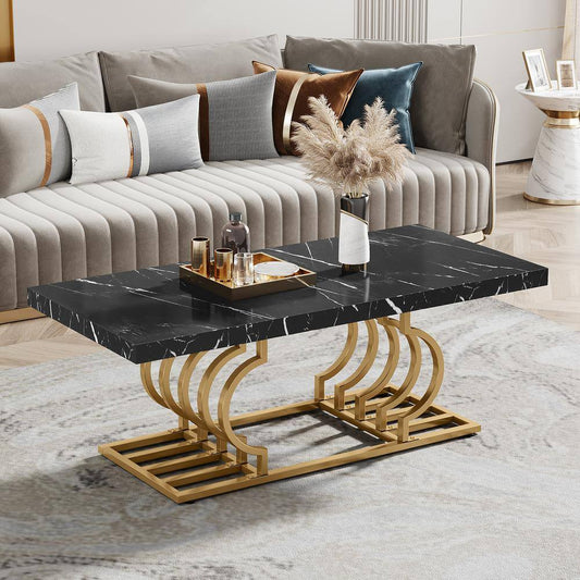 Kerlin 47 In. Black Rectangle Wood Coffee Table with Geometric Frame, Faux Marble Cocktail Table Center Table