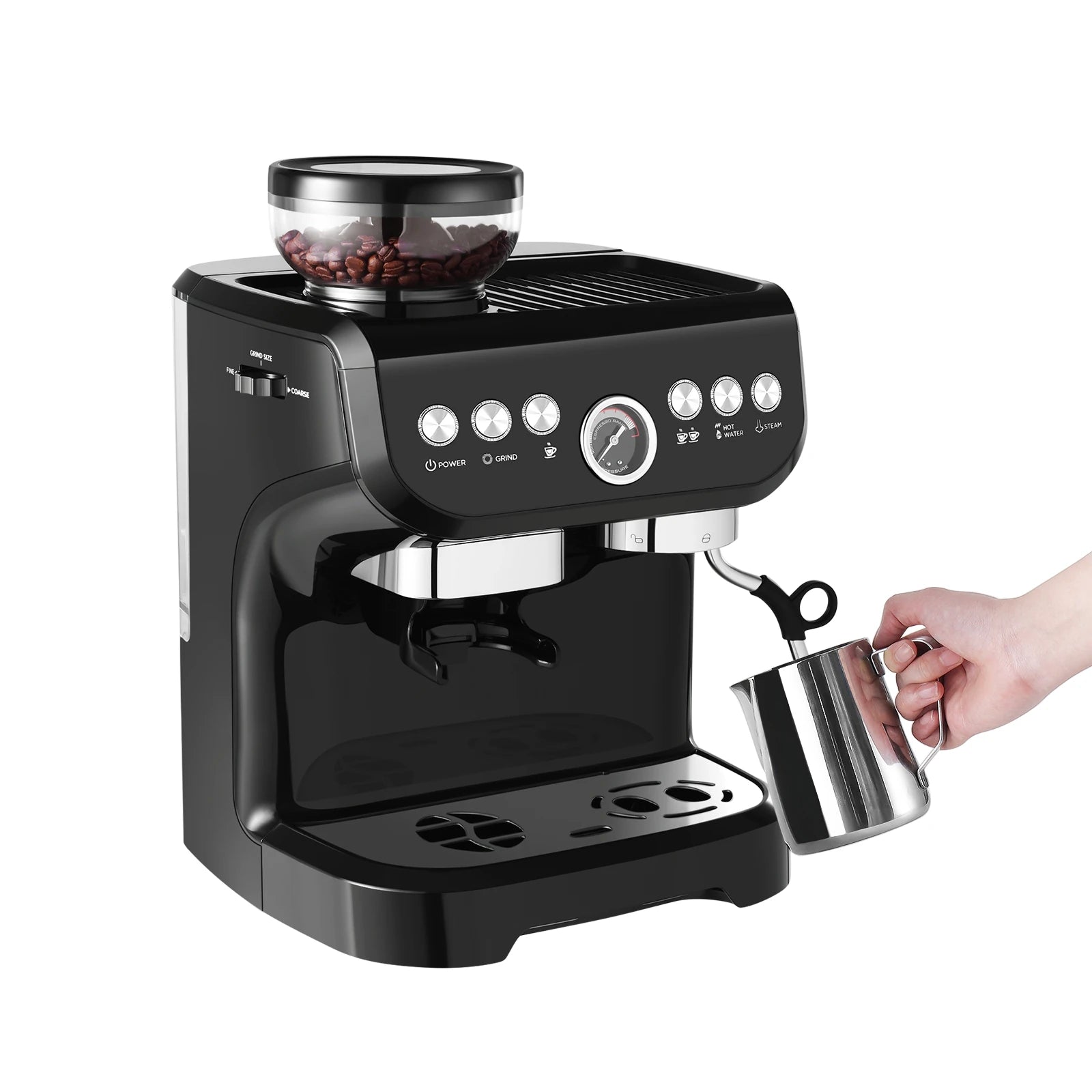 [US Direct] AC-517E 15Bar 1100W 110V Espresso Coffee Makers with Grinder Machine Electric Commercial Coffee Makers Machine for Household, Hotel